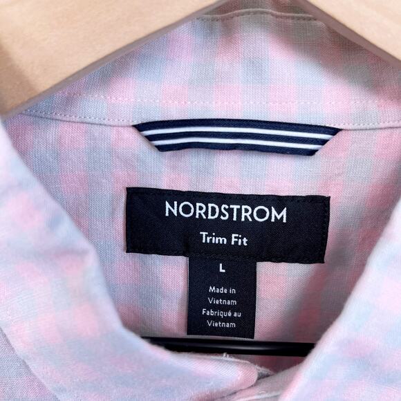Nordstrom Linen Trim Fit Shirt Pink Gray Plaid Check Button Down Mens Large - Picture 5 of 6